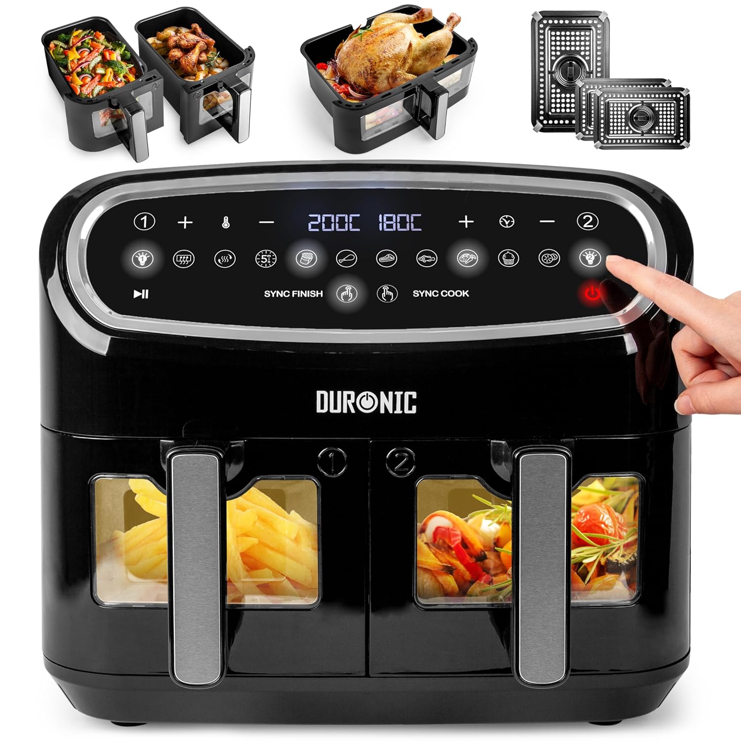 Duronic AF34 BK 10L Triple Drawer Air Fryer, Dual Zone, Oil-Free, Black