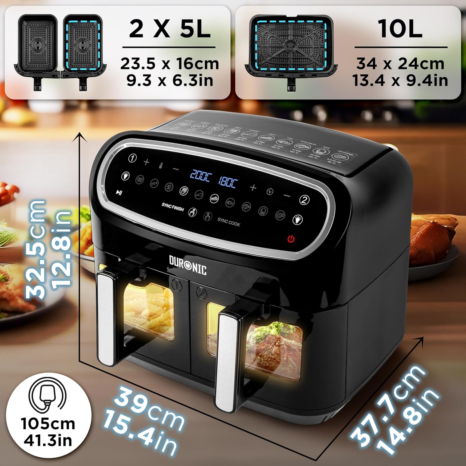 Duronic AF34 BK 10L Triple Drawer Air Fryer, Dual Zone, Oil-Free, Black - Image 3