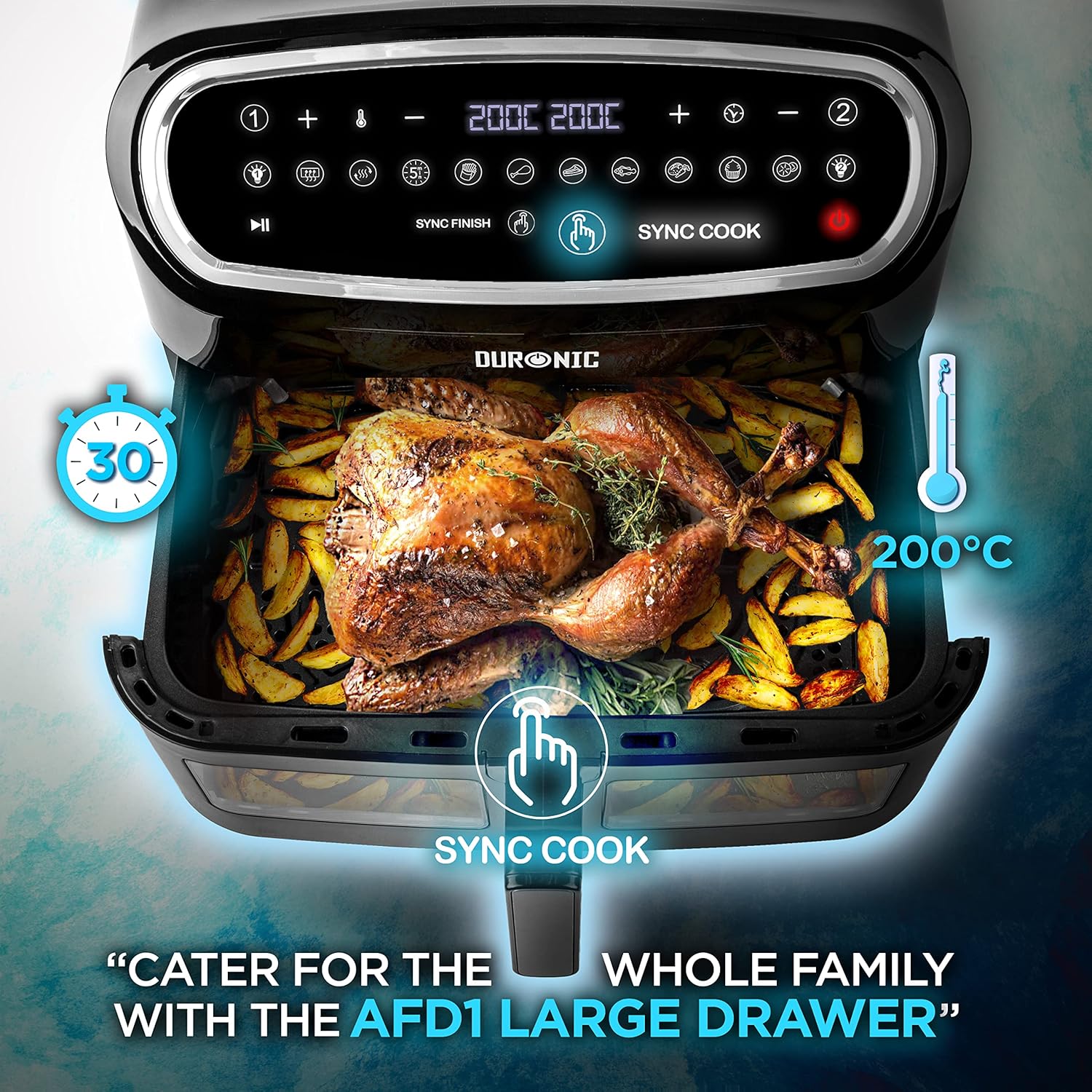 Duronic AF34 BK 10L Triple Drawer Air Fryer, Dual Zone, Oil-Free, Black - Image 2